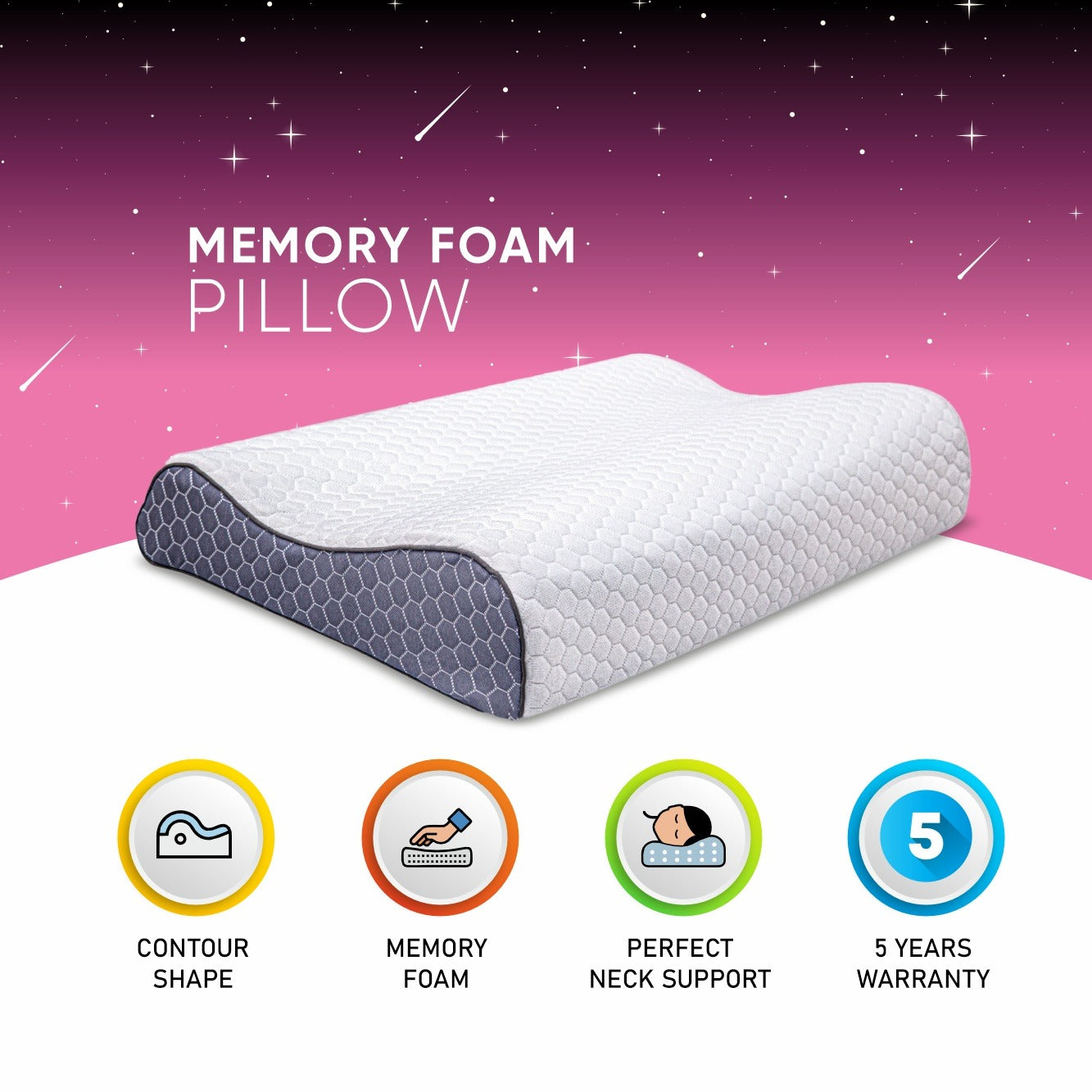 Kozynap Contour Memory Foam Pillow with Ergonomic Design, Pressure Relief Foam, Neck Support and 5 Years Warranty