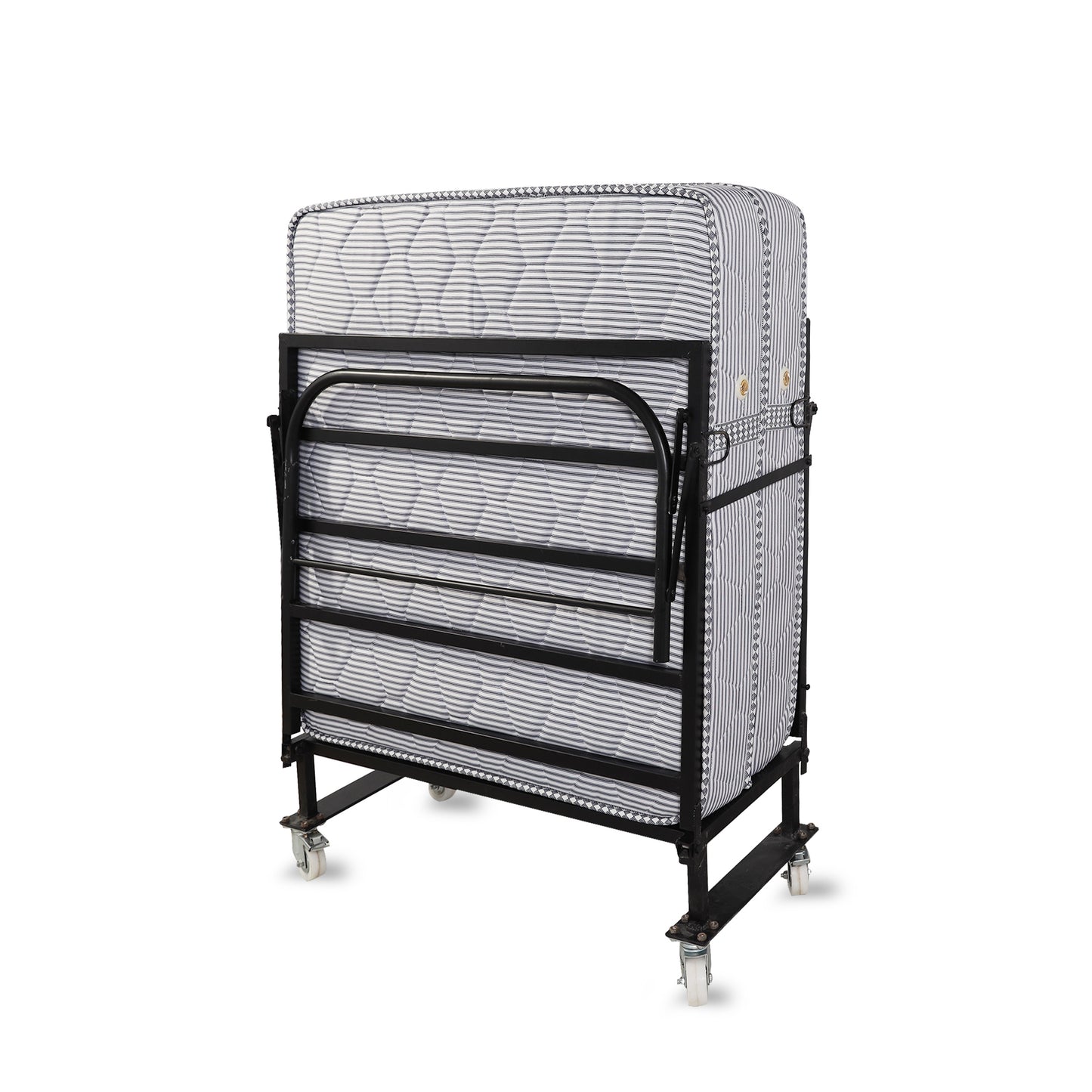 Kozynap Foldable Spring Mattress Bed in Vertical Folded Position with Wheels for Easy Storage and Mobility