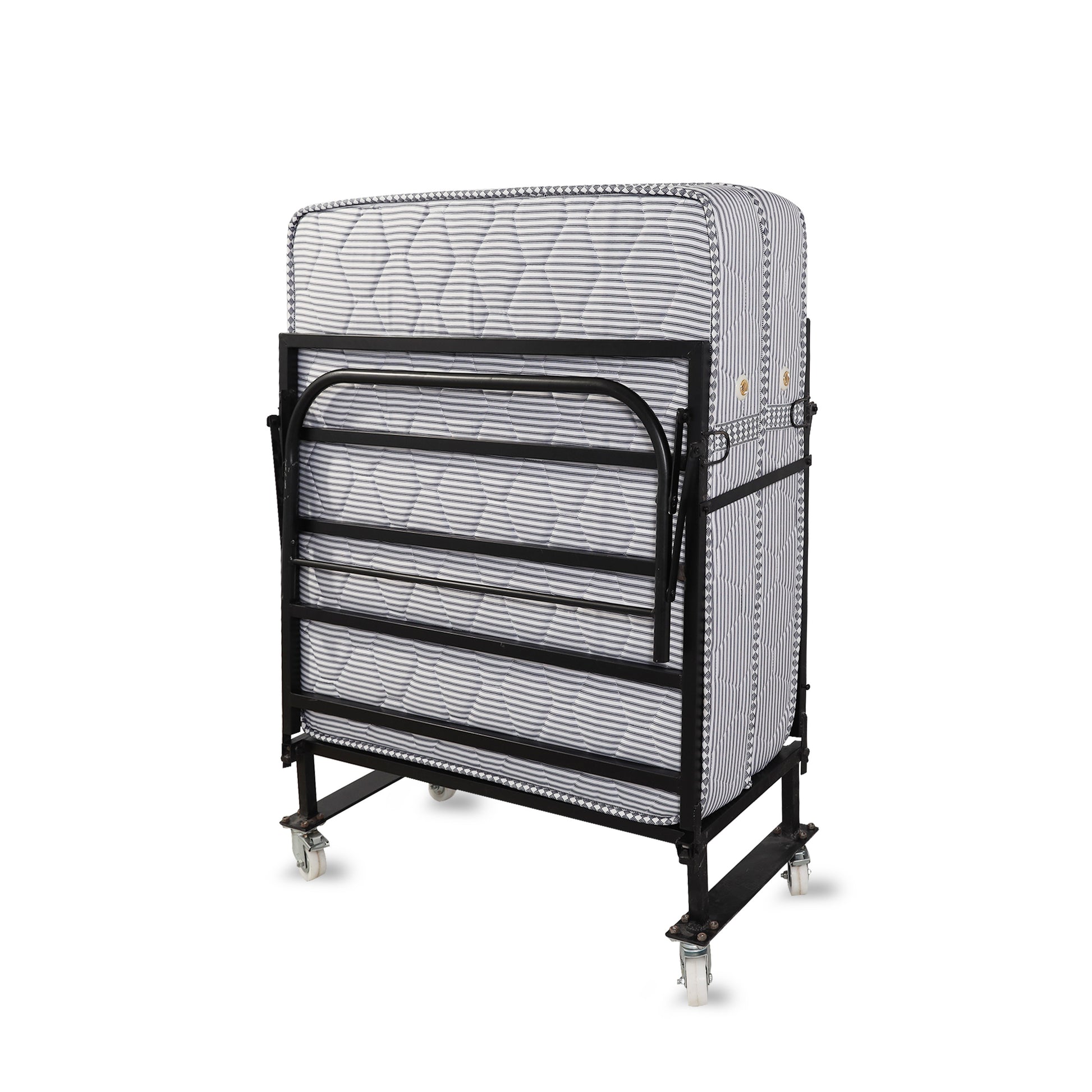 Kozynap Foldable Spring Mattress Bed in Vertical Folded Position with Wheels for Easy Storage and Mobility