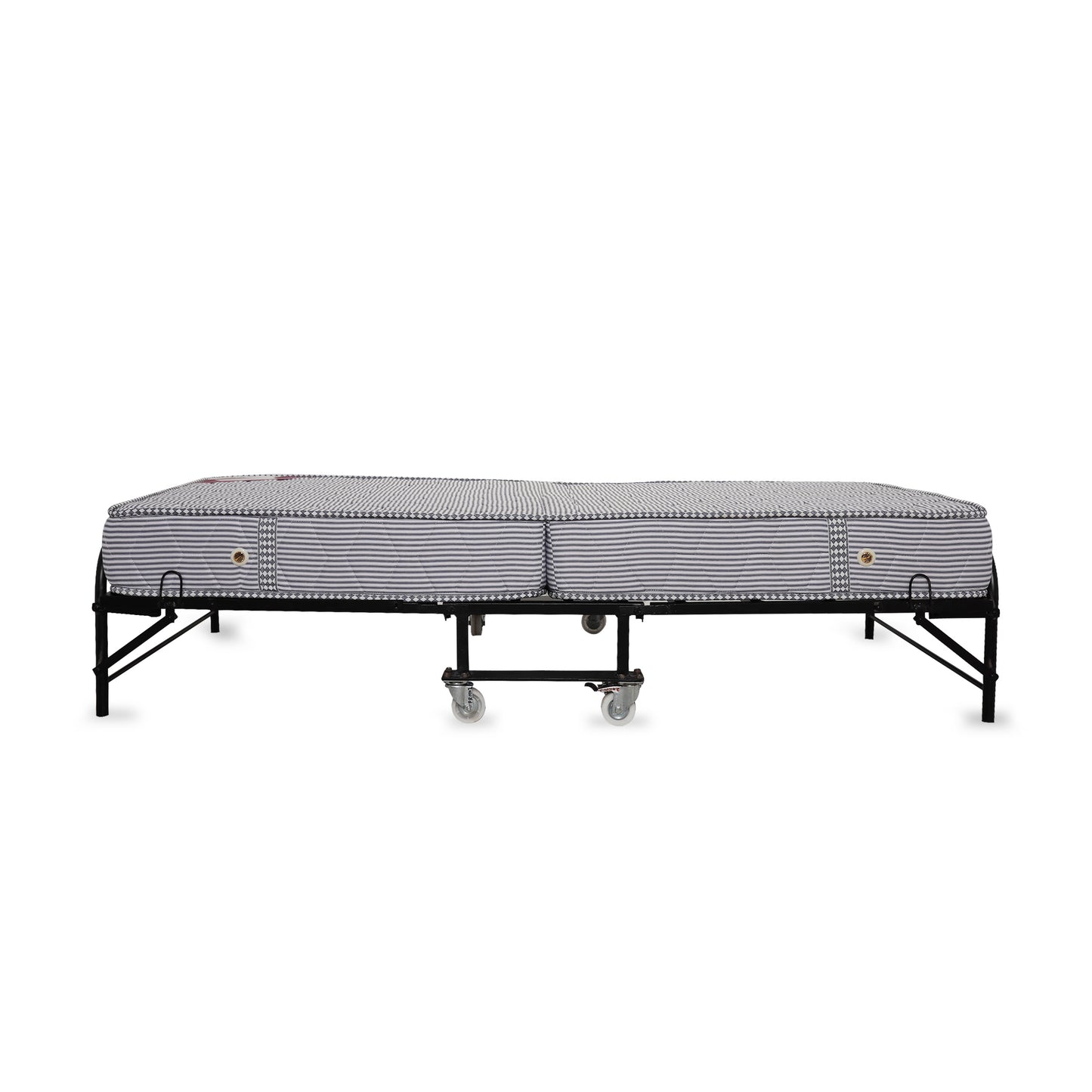 Kozynap Foldable Spring Mattress Side View Showing Dual Fold Design and Portable Frame with Wheels