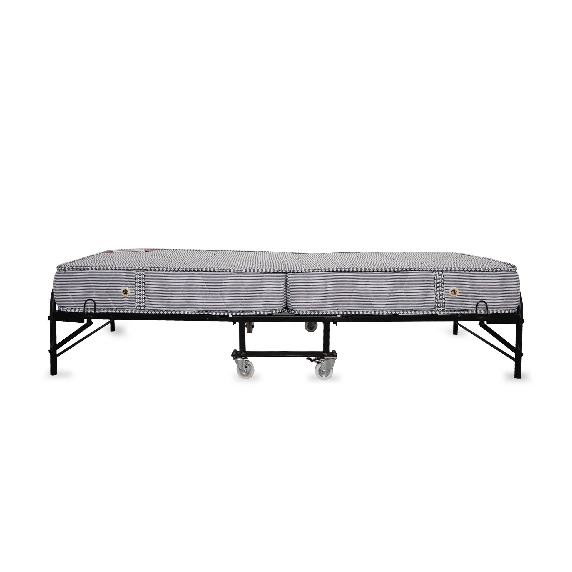 Kozynap Foldable Spring Mattress Side View Showing Dual Fold Design and Portable Frame with Wheels