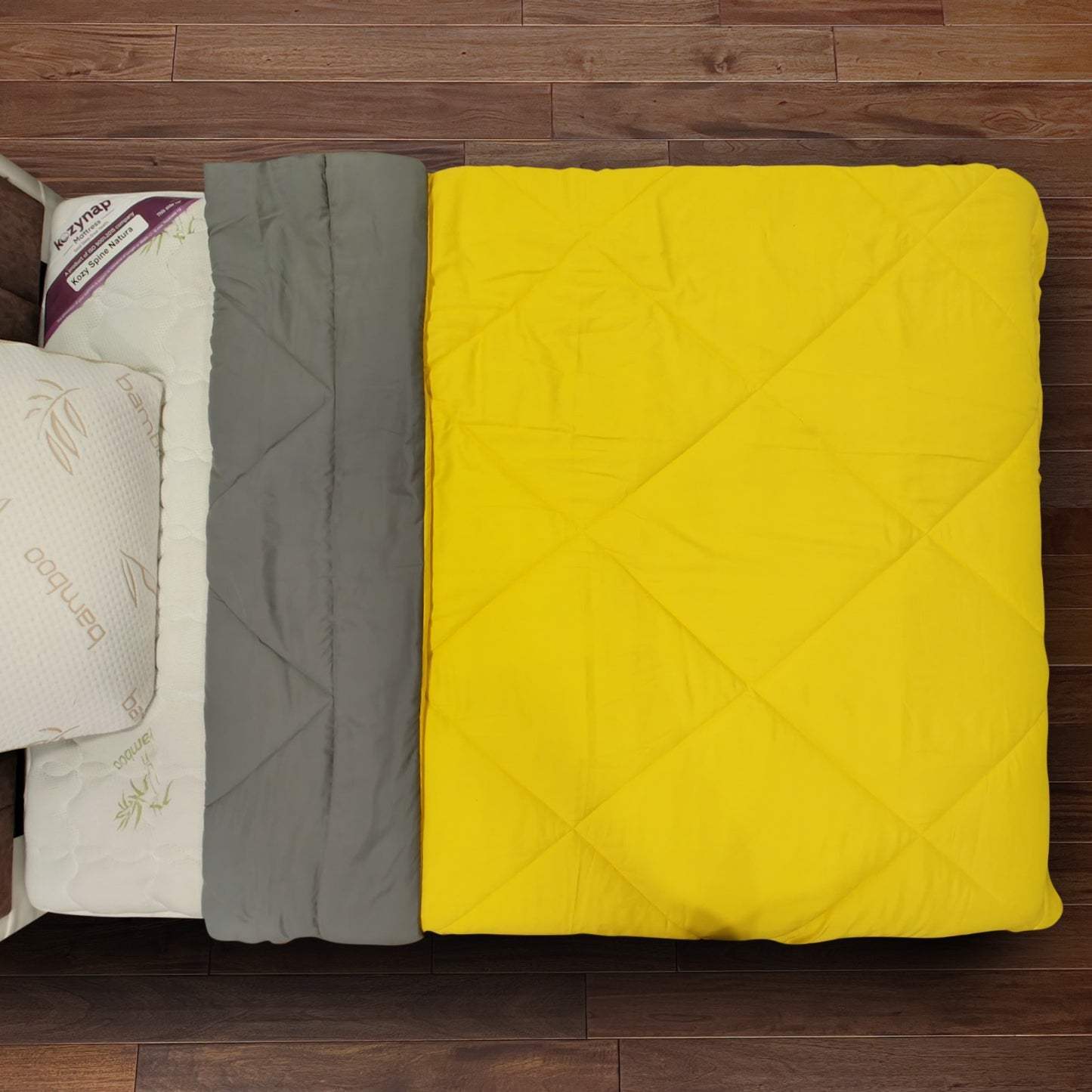 Top view Kozynap mattress protector yellow grey all season dual colour comforter