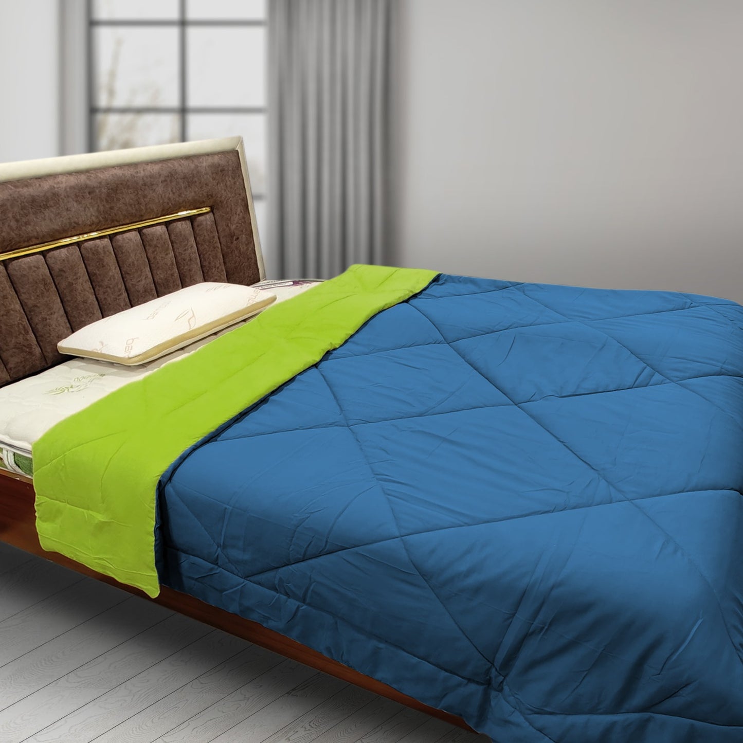 Kozynap mattress protector dual colour all weather AC comforter green blue front view on bed