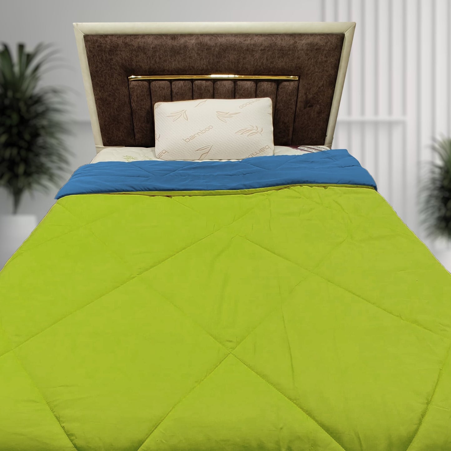 Side angle Kozynap mattress protector  blue green lightweight reversible AC comforter