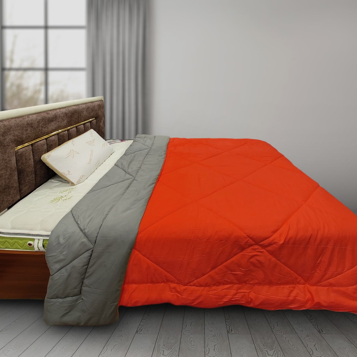 Side view Kozynap mattress protector red grey reversible lightweight AC comforter