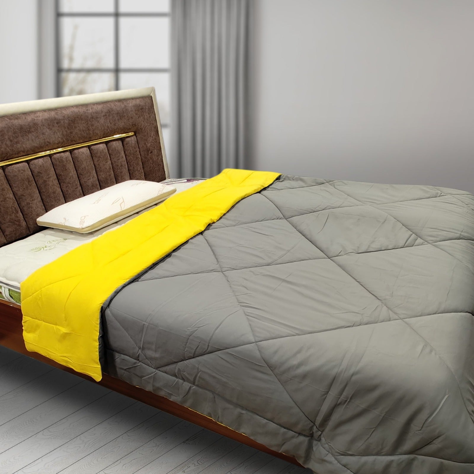 Side angle Kozynap mattress protector yellow grey reversible quilted AC comforter