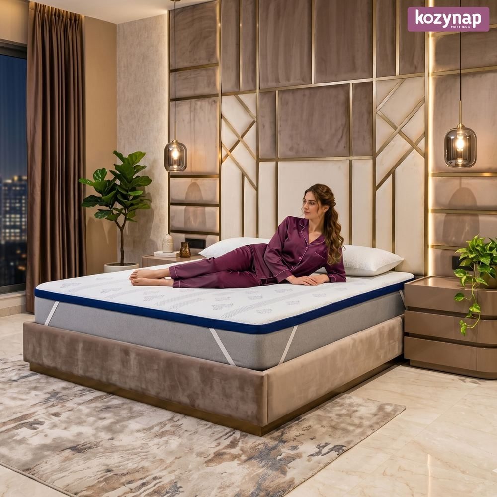 Kozynap mattress topper styled on a bed