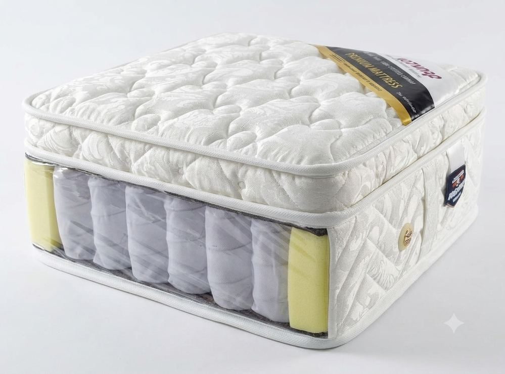 Euro Top Pocket Spring Mattress corner cutaway showing foam and pocket coil layers