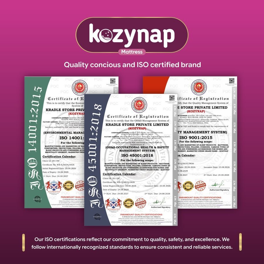 Kozynap ISO certified quality brand certificates