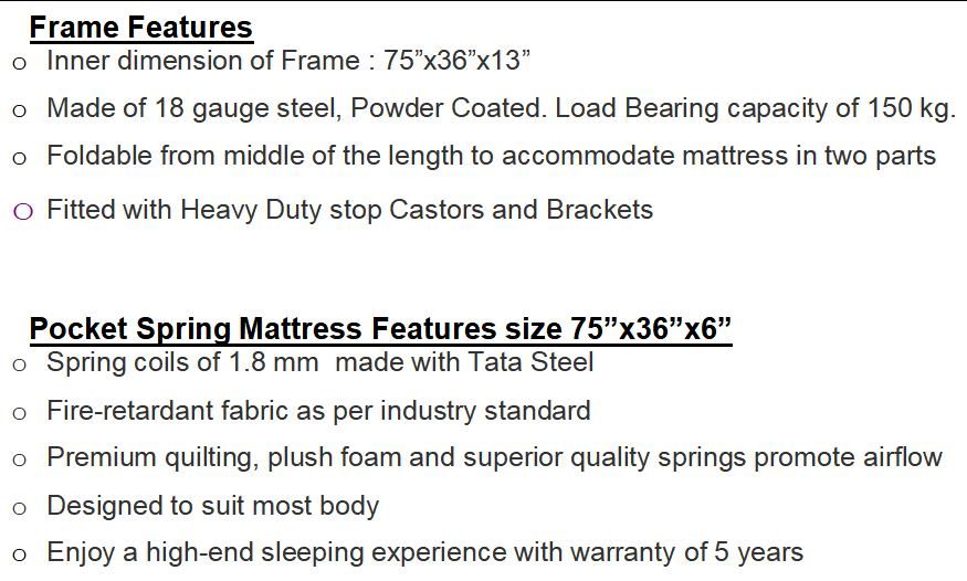 Roll Away Bed frame and mattress specifications